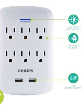 Philips Surge Protector, 6 Outlet, 2 USB Charging Ports, White